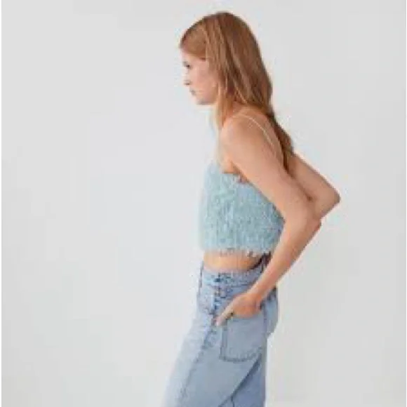 Zara Sz S Feather Effect Crop Top Light Blue Cotton Lined - Picture 2 of 9
